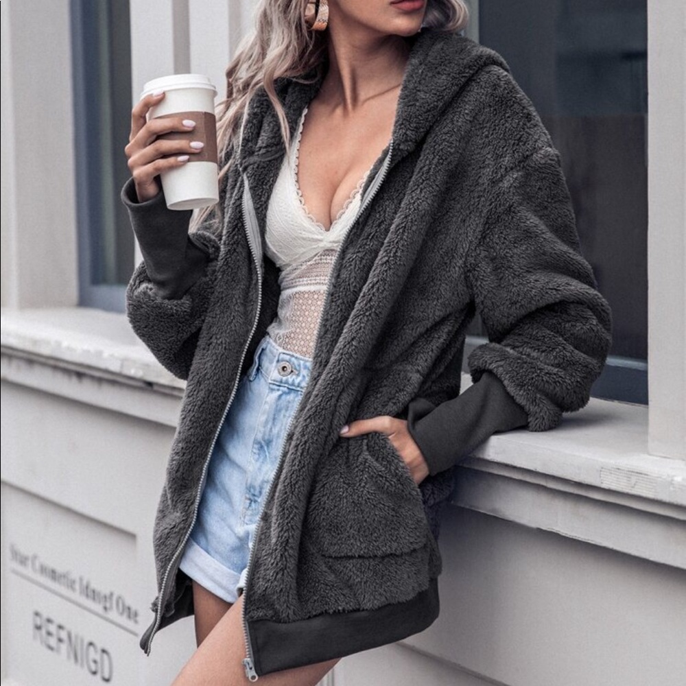SHEIN Zip Up Hooded Teddy Jacket